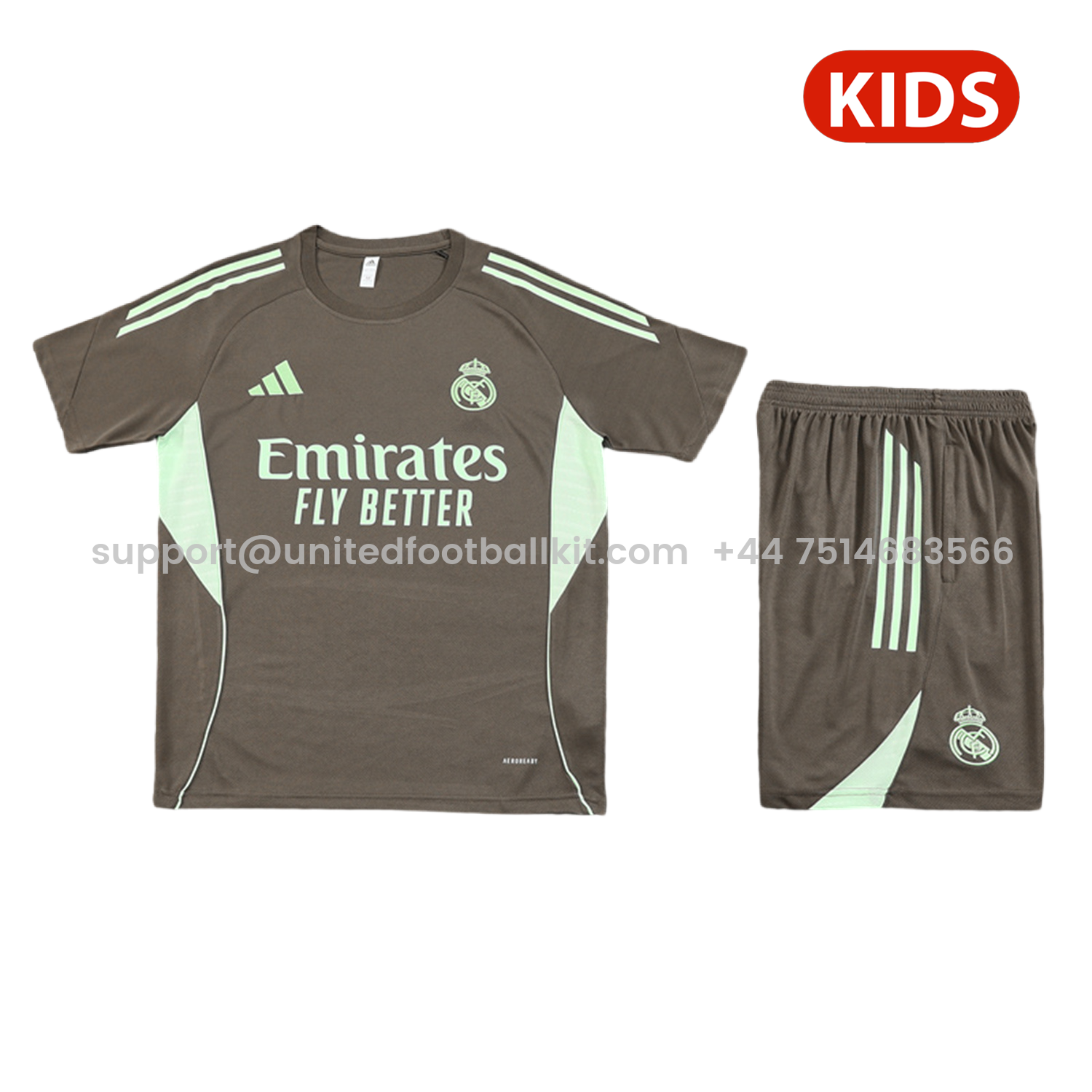 Unitedfootballkit.com | Real Madrid 25-26 Kids Short-Sleeve Training Set - Dark Khaki Top and Shorts -Customize Name, Number and Patch | Worldwide Shipping