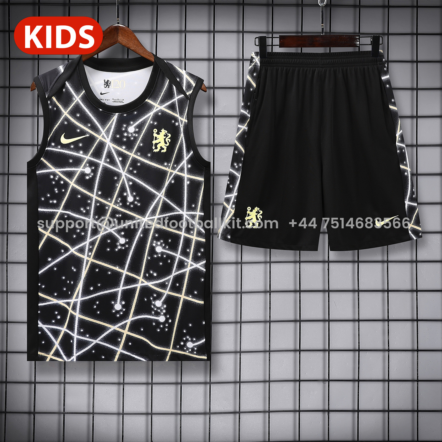Unitedfootballkit.com | C.H.E.L.S.E.A 25-26 Kids Vest Training Set - Yellow Fluorescent Rays Black Vest & Black Shorts -Customize Name, Number and Patch | Worldwide Shipping