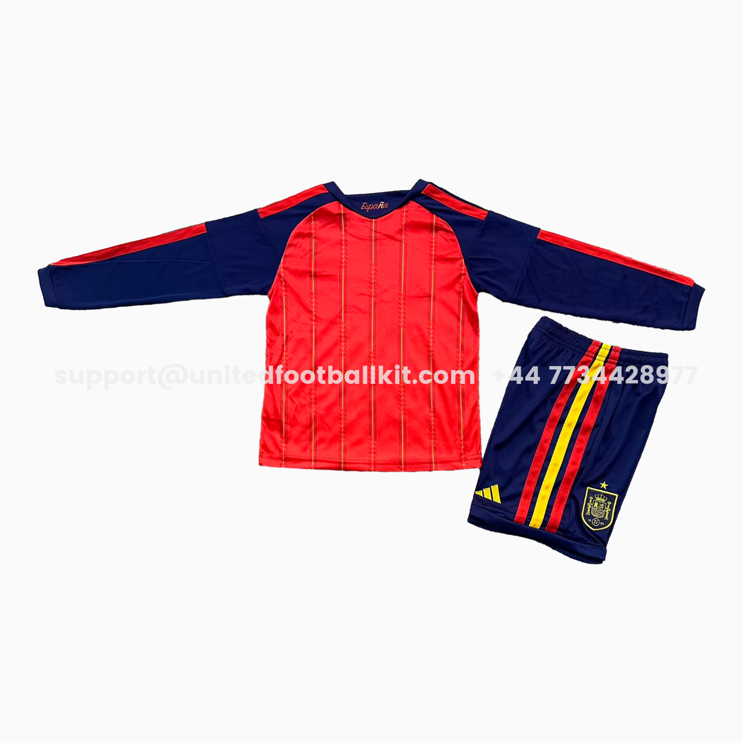 Unitedfootballkit.com | Spain 2026 Home Long Sleeves Kids Kit -Customize Name, Number and Patch | Worldwide Shipping