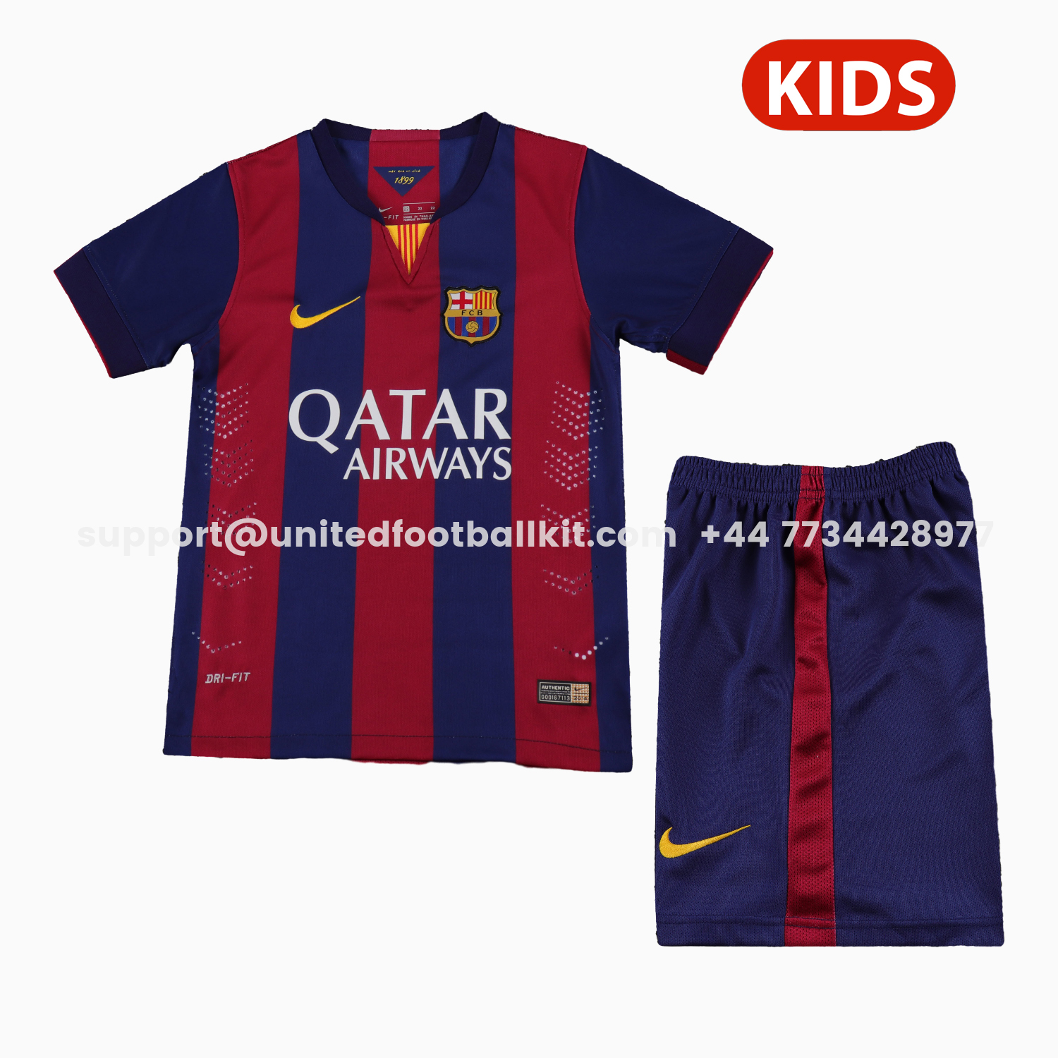 Unitedfootballkit.com | Retro Barcelona 2014-15 Home Kids Kit -Customize Name, Number and Patch | Worldwide Shipping