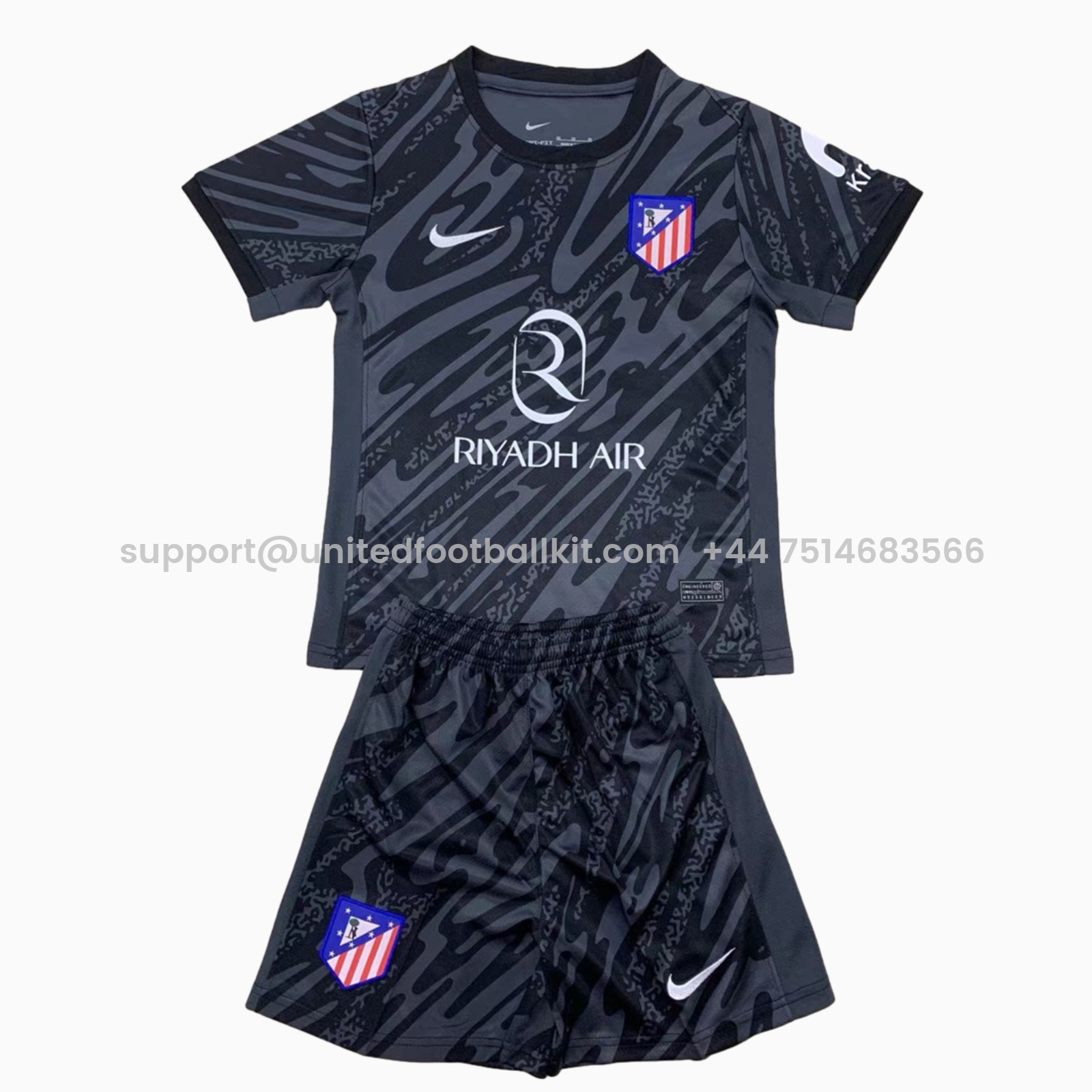 Unitedfootballkit.com | Atletico Madrid 24-25 Black Gray Goalkeeper Kids Kit -Customize Name, Number and Patch | Worldwide Shipping