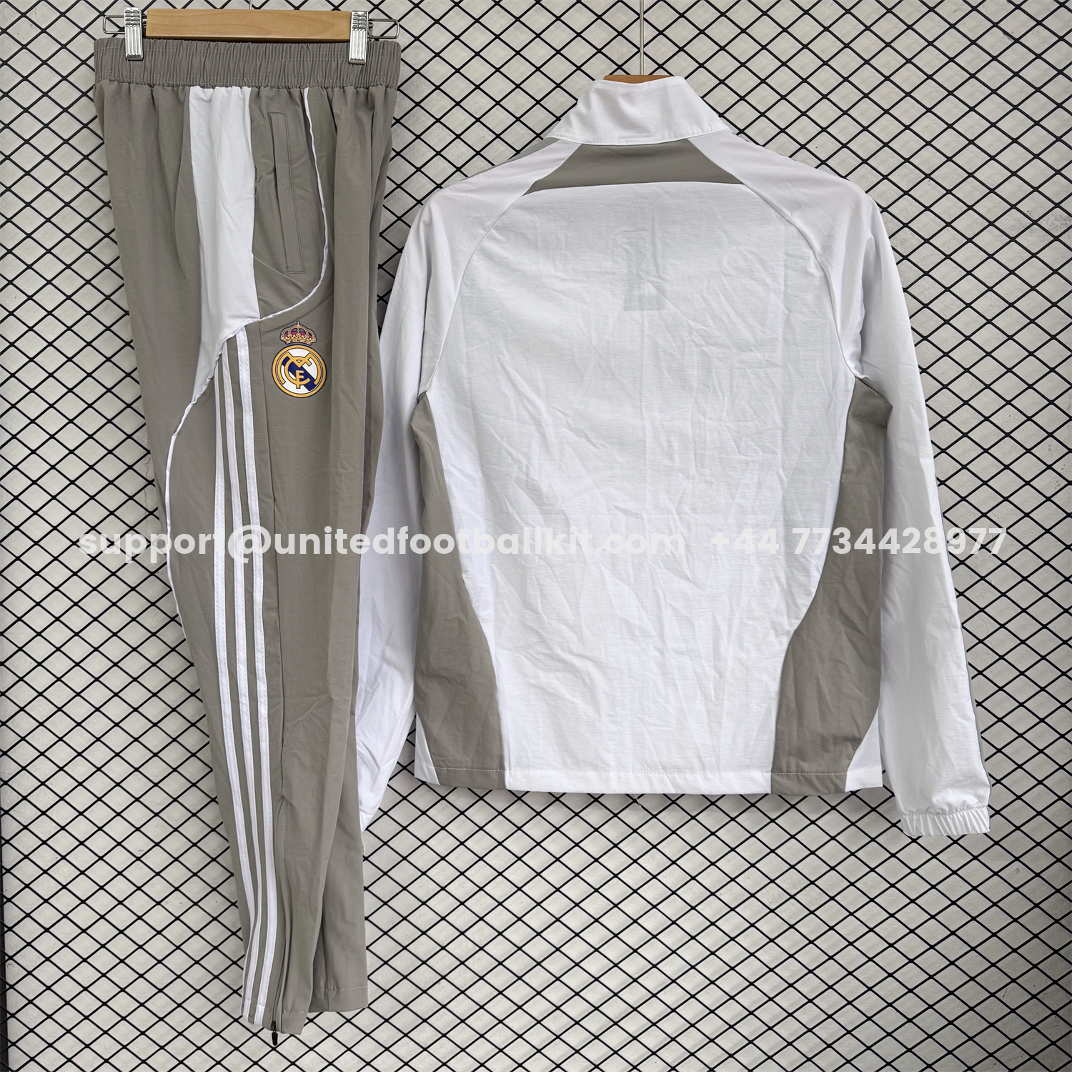 Unitedfootballkit.com | Real Madrid 25-26 Windbreaker Training Set - White With Grey Top and Grey Pants -Customize Name, Number and Patch | Worldwide Shipping