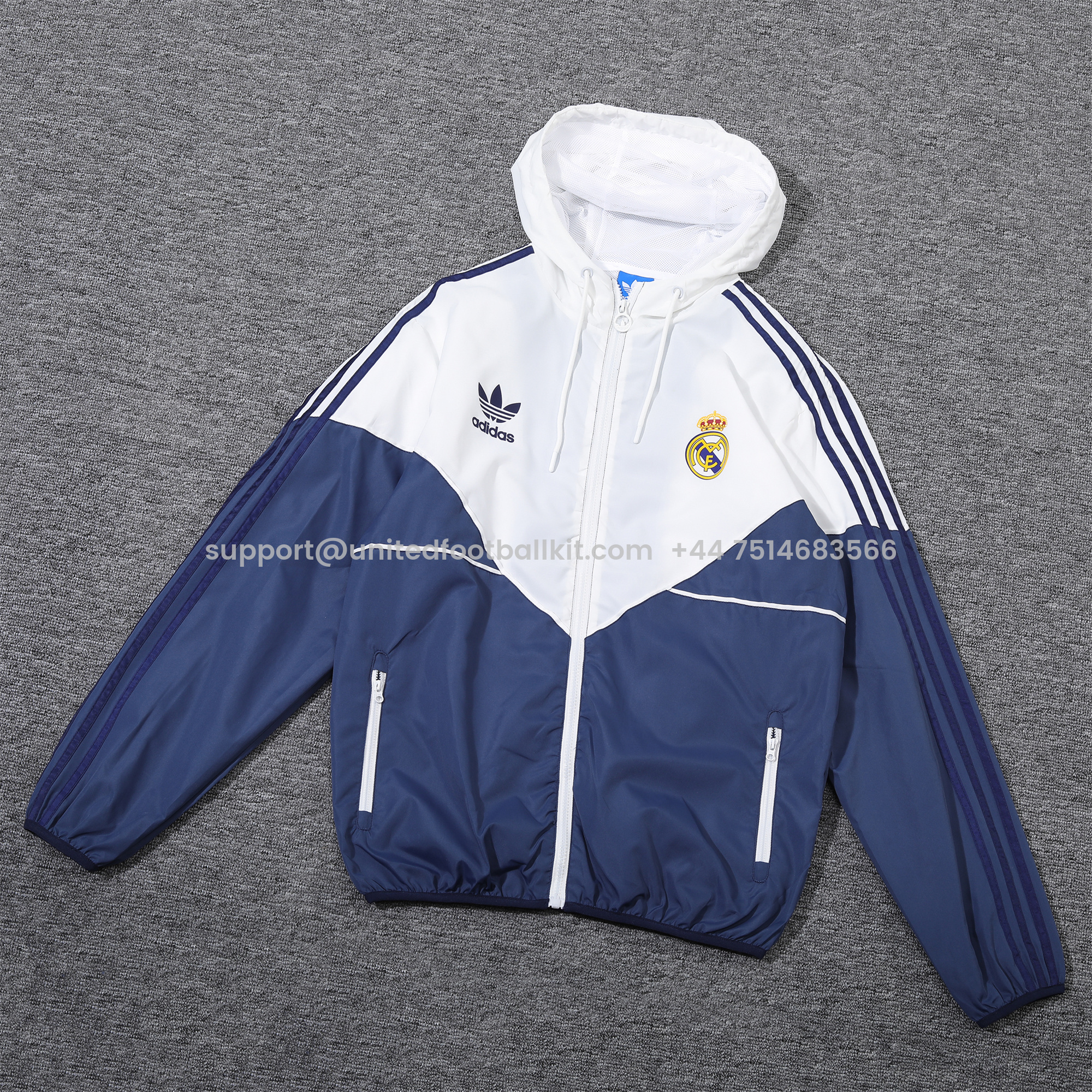 Unitedfootballkit.com | Real Madrid 24-25 White Hooded Windbreaker - Player Version -Customize Name, Number and Patch | Worldwide Shipping