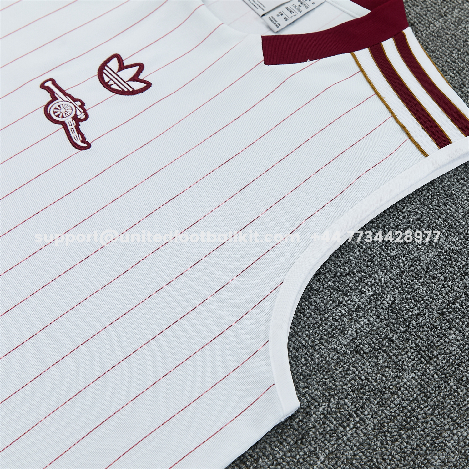 Unitedfootballkit.com | Arsenal 25-26 Retro Style Vest Training Set - White With Burgundy Stripes And Collar Top & Pants -Customize Name, Number and Patch | Worldwide Shipping