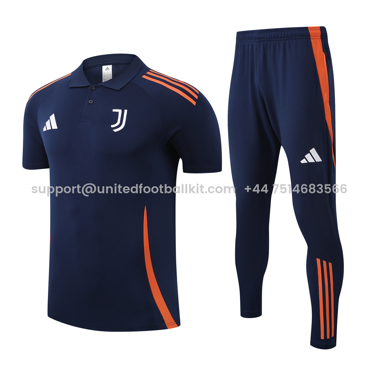 Unitedfootballkit.com | Juventus 25-26 POLO Short-Sleeve Training Set - Deep Blue Top and Pants with Orange Stripes -Customize Name, Number and Patch | Worldwide Shipping
