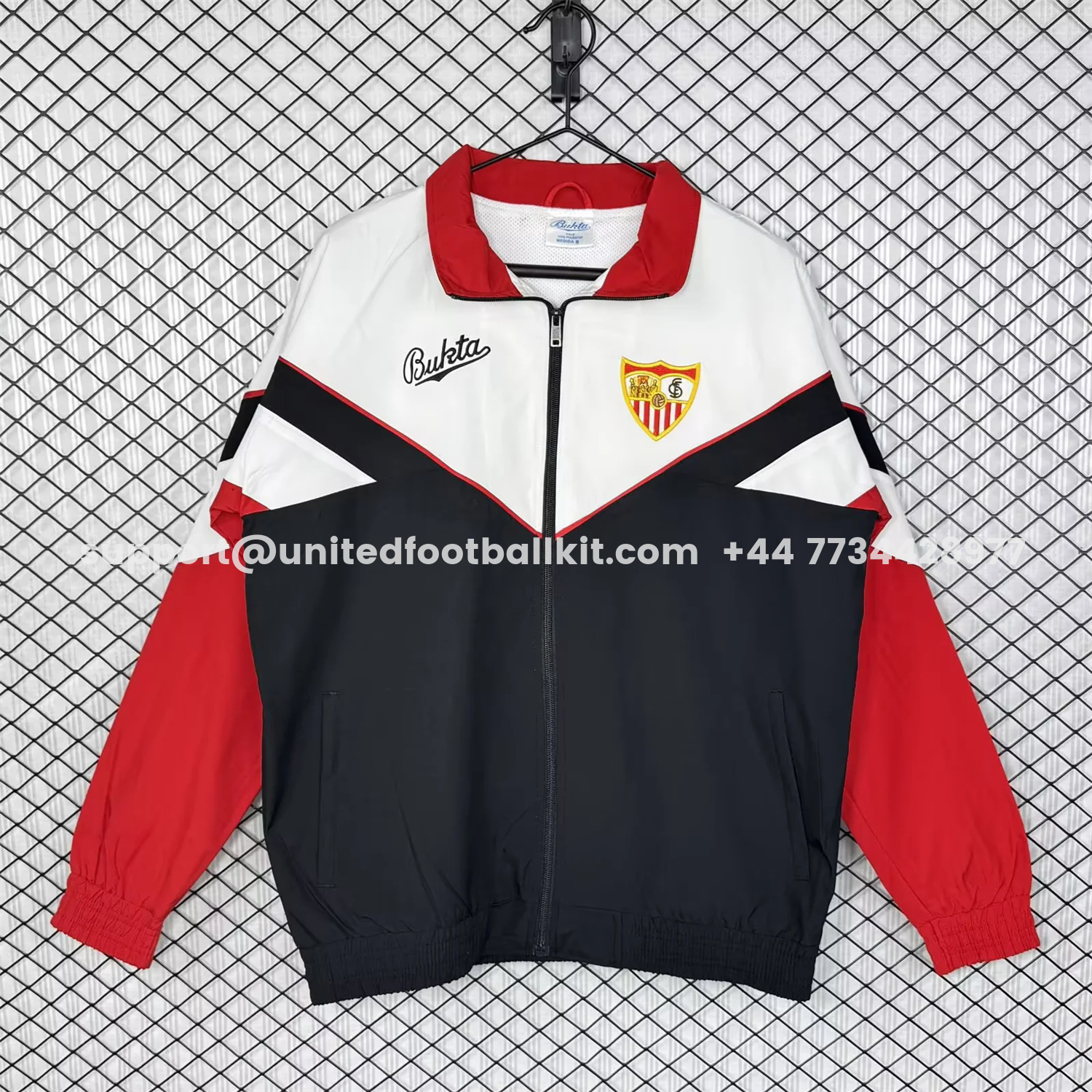 Unitedfootballkit.com | Retro Sevilla 1992-93 Home Windbreaker Jacket - Black And Red -Customize Name, Number and Patch | Worldwide Shipping