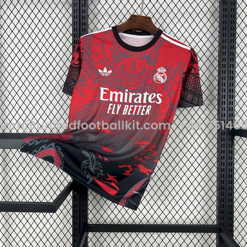 Unitedfootballkit.com | Real Madrid 24-25 Red & Black Dragon Special Edition Jersey -Customize Name, Number and Patch | Worldwide Shipping