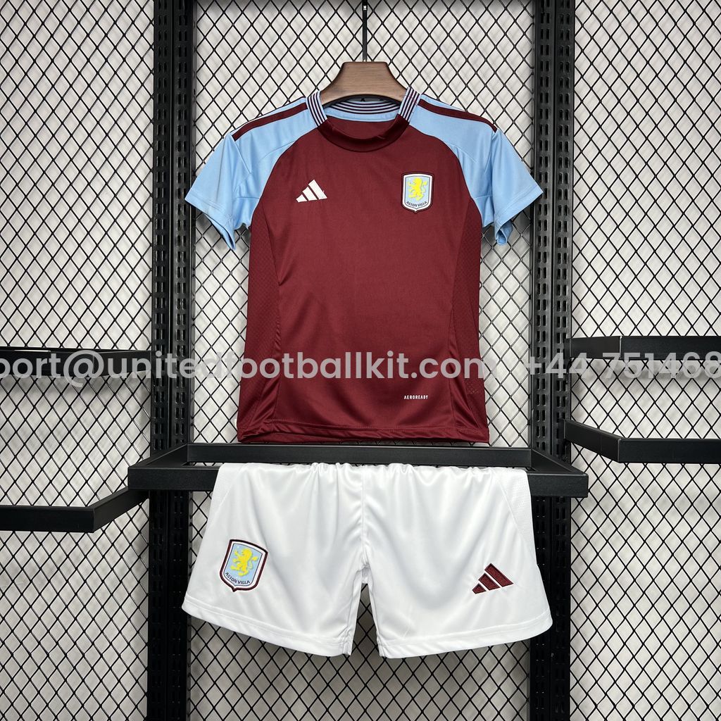 Unitedfootballkit.com | Aston Villa 24-25 Home Stadium Kids Kit -Customize Name, Number and Patch | Worldwide Shipping