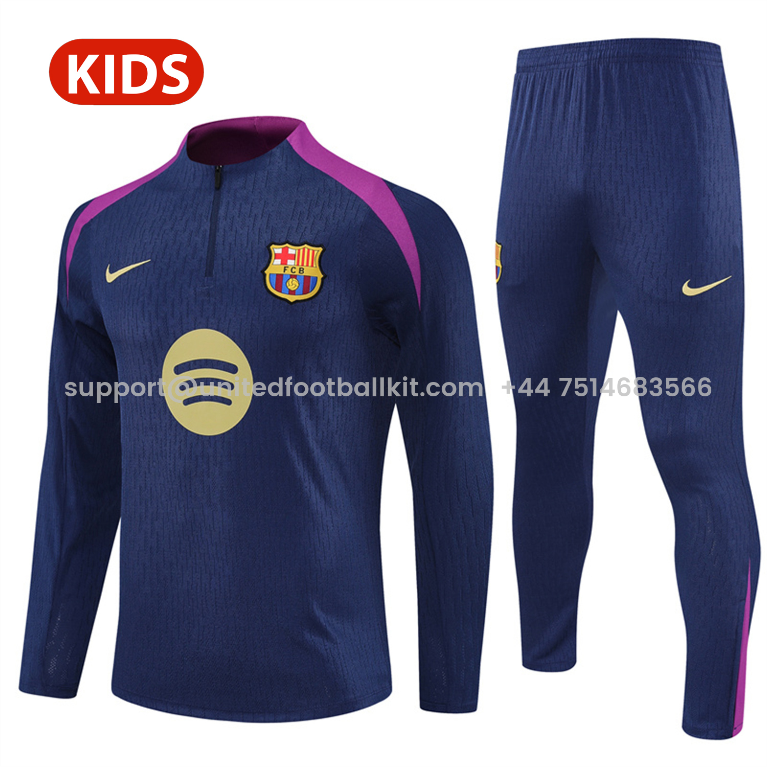 Unitedfootballkit.com | Barcelona 25-26 Kid Long Sleeves Training Set - Royal Blue Top & Royal Blue Pants -Customize Name, Number and Patch | Worldwide Shipping