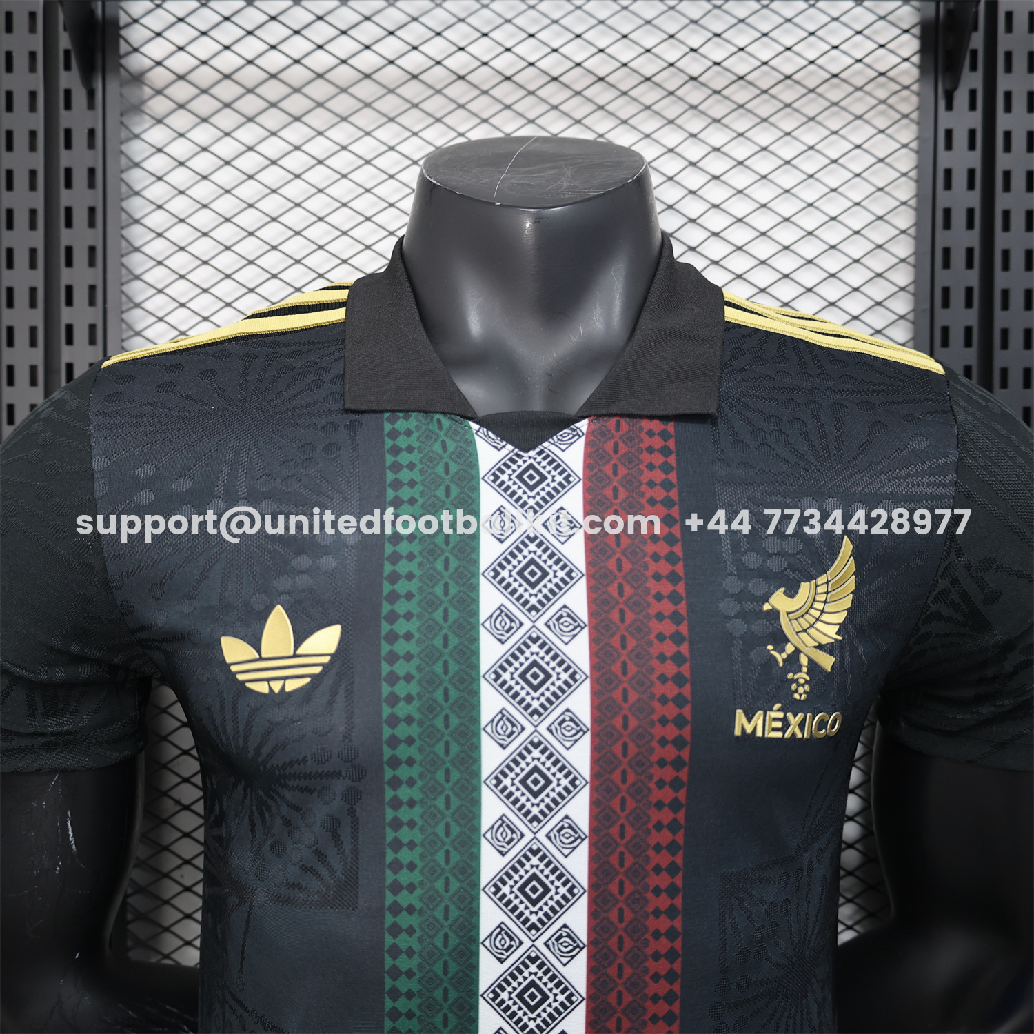 Unitedfootballkit.com | Mexico 25-26 Black Polo Jersey with Red White and Green Decorative Pattern - Player Version -Customize Name, Number and Patch | Worldwide Shipping