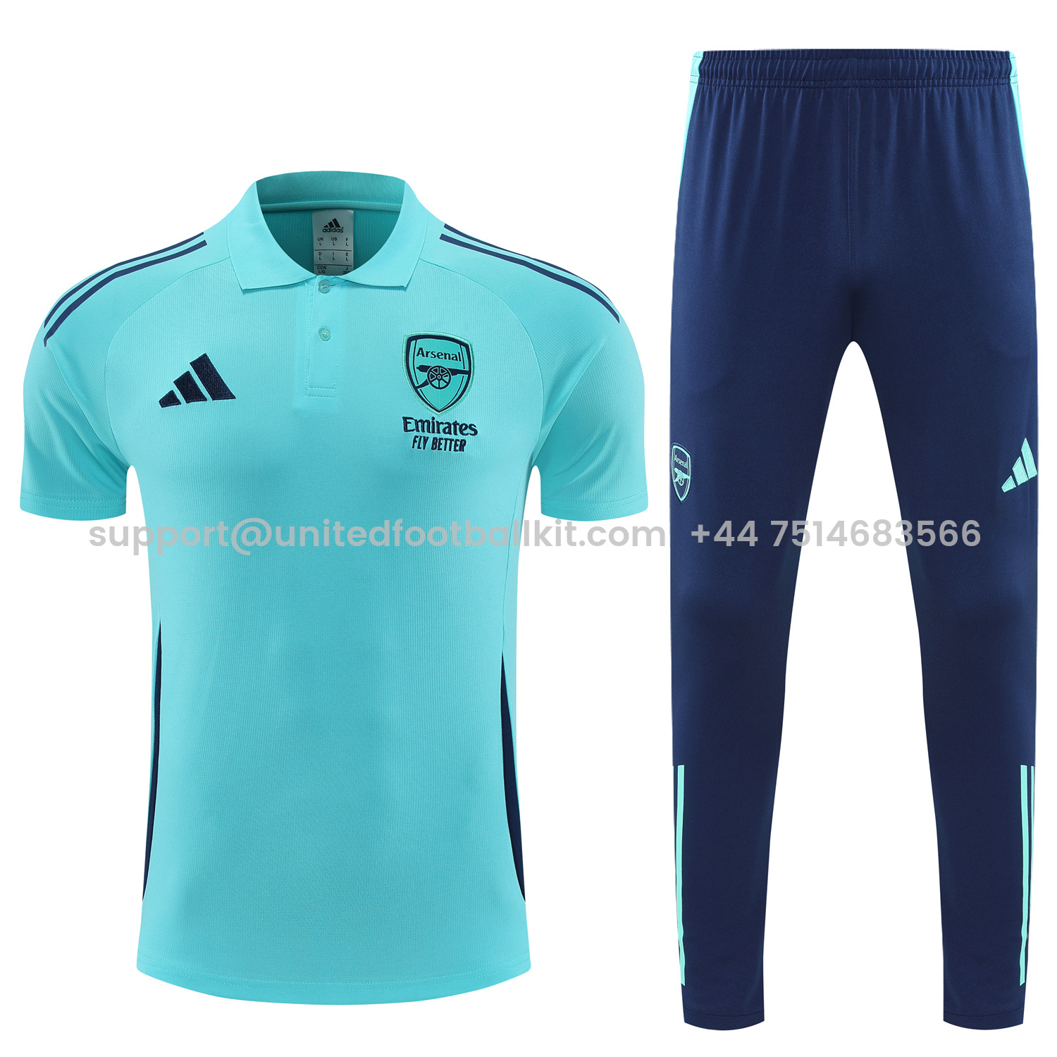 Unitedfootballkit.com | Arsenal 25-26 POLO Short-Sleeve Training Set - Cyan Top and Deep Blue Pants -Customize Name, Number and Patch | Worldwide Shipping