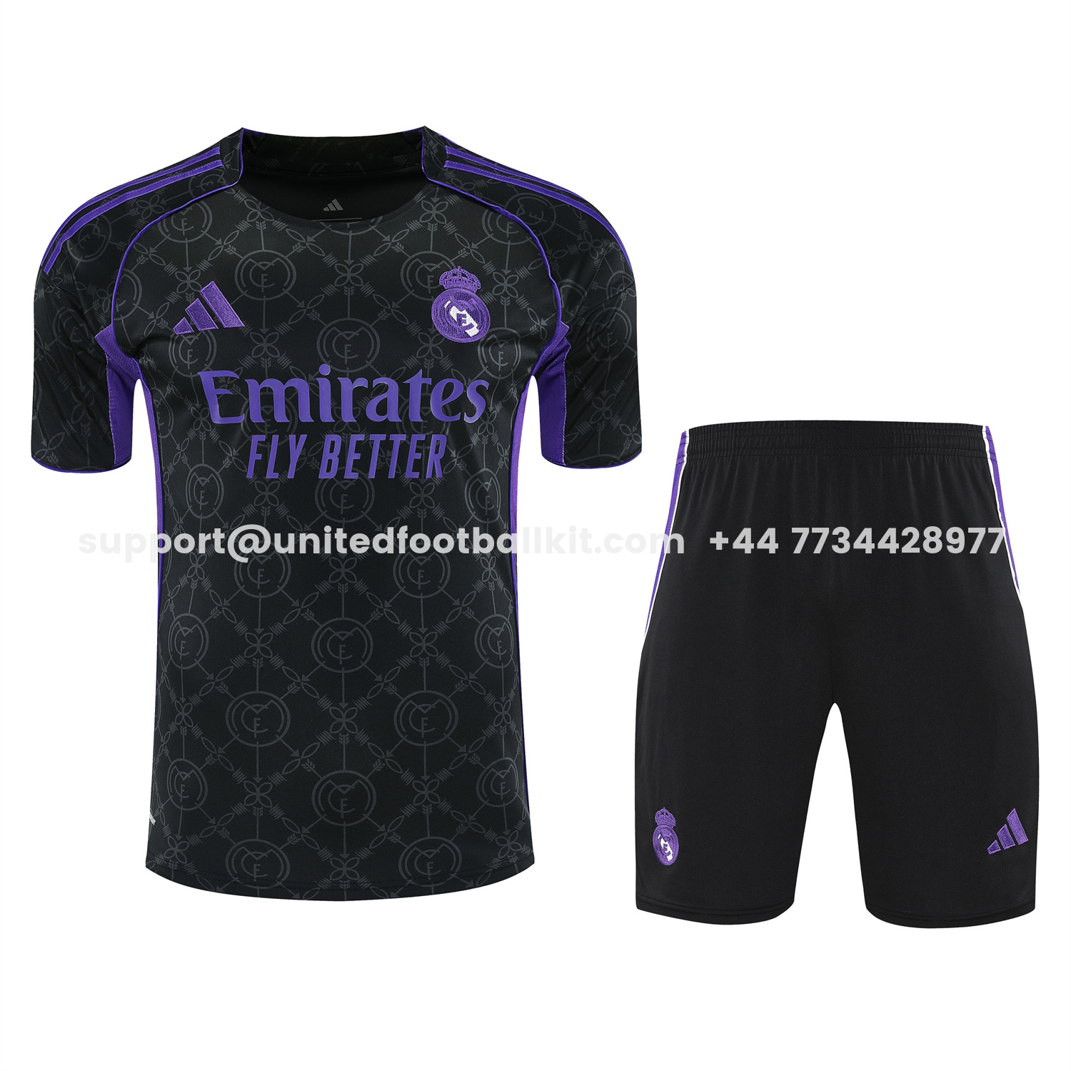 Unitedfootballkit.com | Real Madrid 25-26 Short-Sleeve Training Set - Blue Edge Black Top & Black Shorts -Customize Name, Number and Patch | Worldwide Shipping