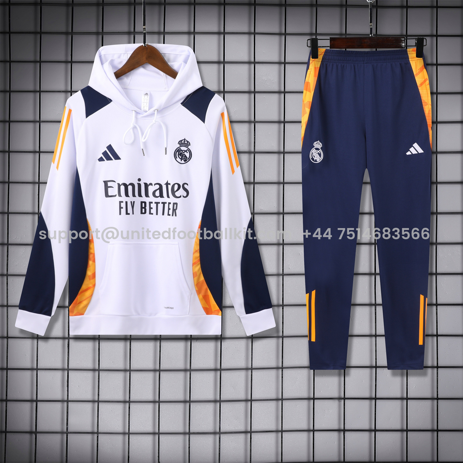 Unitedfootballkit.com | Real Madrid 24-25 Training Hoodie Set - White Hoodie and Deep Blue Pants -Customize Name, Number and Patch | Worldwide Shipping