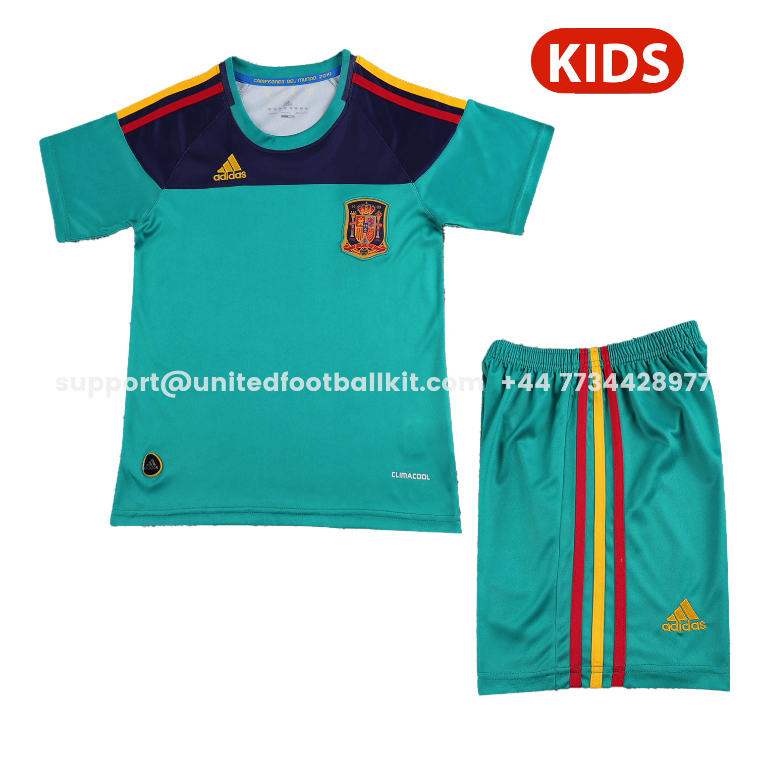 Unitedfootballkit.com | Retro Spain 2010 Green Goalkeeper Kids Kit -Customize Name, Number and Patch | Worldwide Shipping