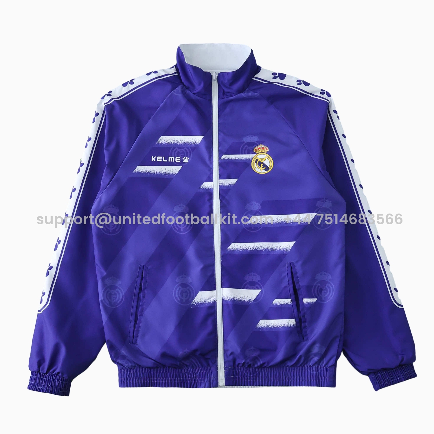 Unitedfootballkit.com | Retro Real Madrid 1995-96 Home & Away Double Sided Reversible Windbreaker - White & Purple -Customize Name, Number and Patch | Worldwide Shipping