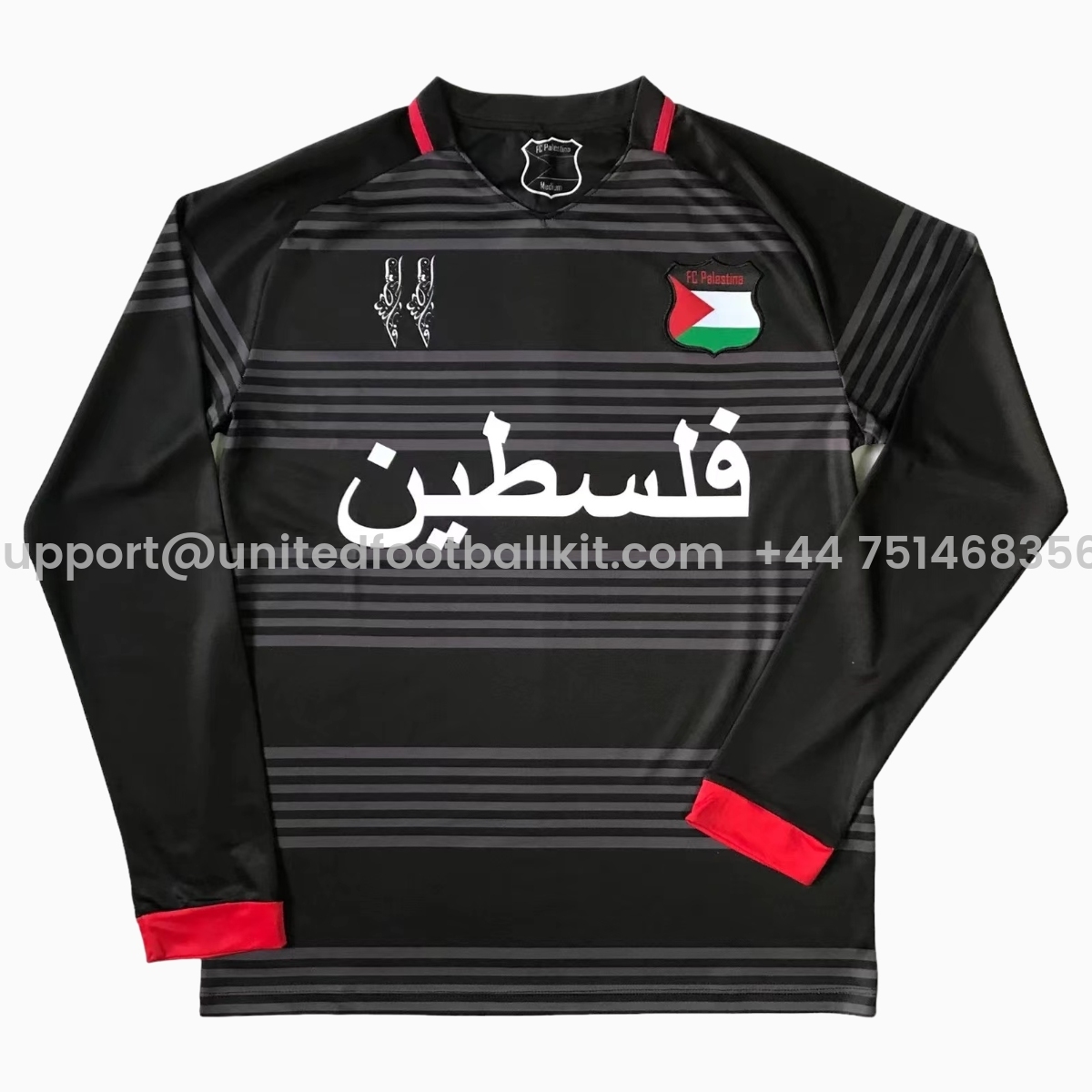 Unitedfootballkit.com | FC Palestina 24-25 Black and Grey Striped Long Sleeve Jersey Jersey with Arabic and Pattern -Customize Name, Number and Patch | Worldwide Shipping
