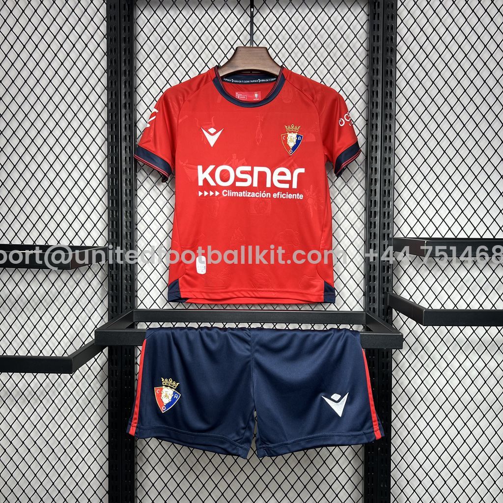 Unitedfootballkit.com | Osasuna 24-25 Home Stadium Kids Kit -Customize Name, Number and Patch | Worldwide Shipping