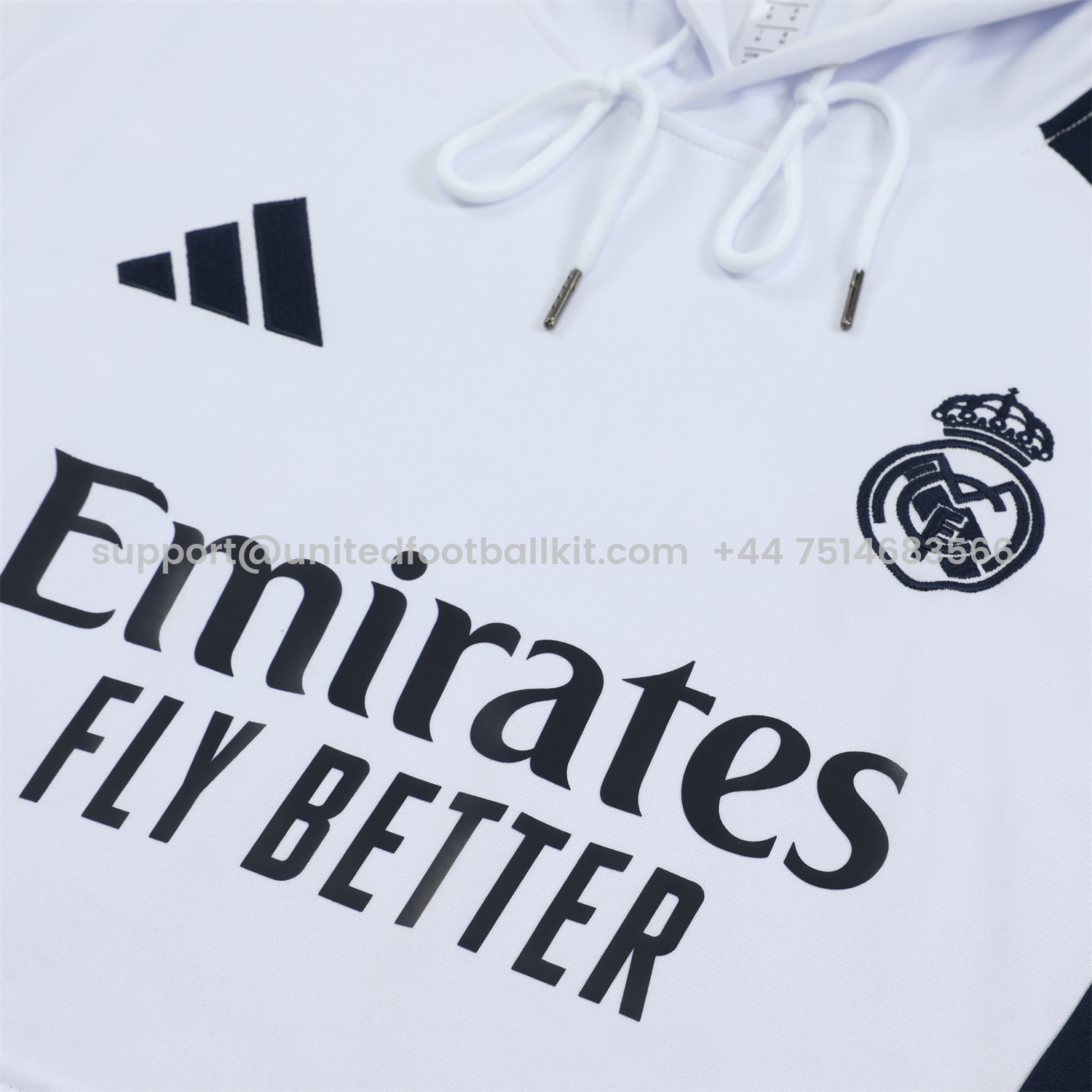 Unitedfootballkit.com | Real Madrid 24-25 Training Hoodie Set - White Hoodie and Deep Blue Pants -Customize Name, Number and Patch | Worldwide Shipping