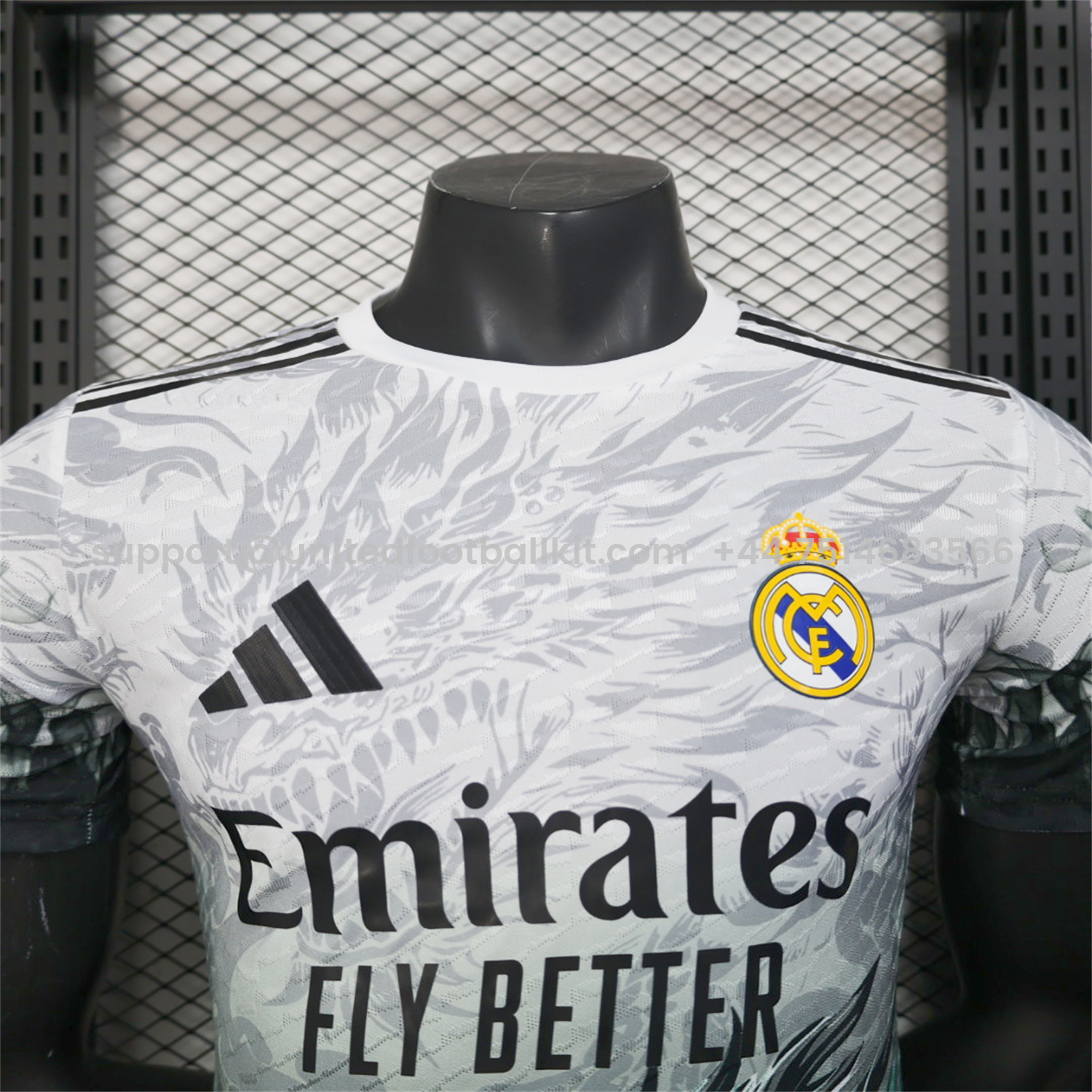 Unitedfootballkit.com | Real Madrid 25-26 Black Green Dragon Soars White Jersey - Player Version -Customize Name, Number and Patch | Worldwide Shipping