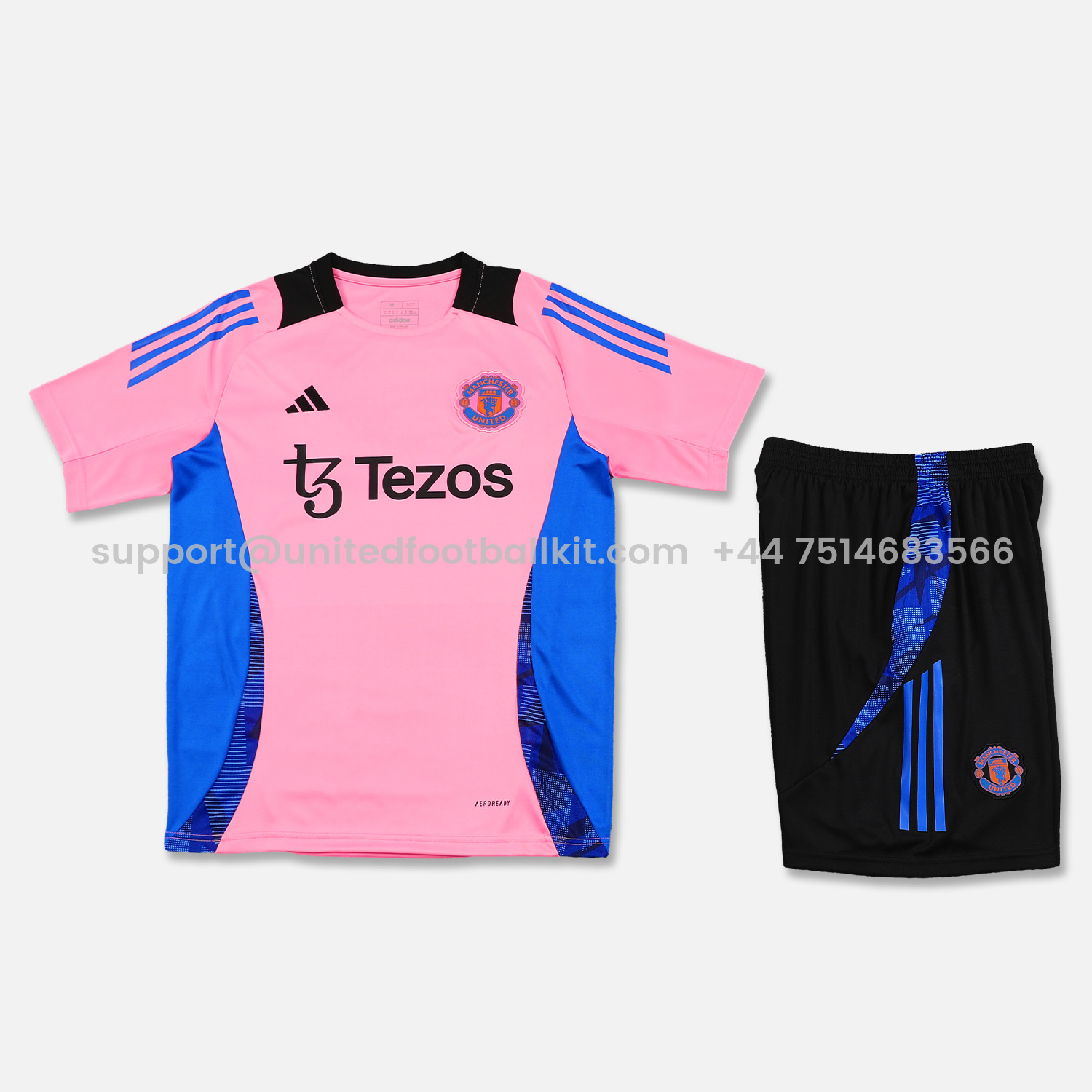 Unitedfootballkit.com | Manchester United 24-25 Short-Sleeve Training Set - Pink Top and Black Shorts -Customize Name, Number and Patch | Worldwide Shipping