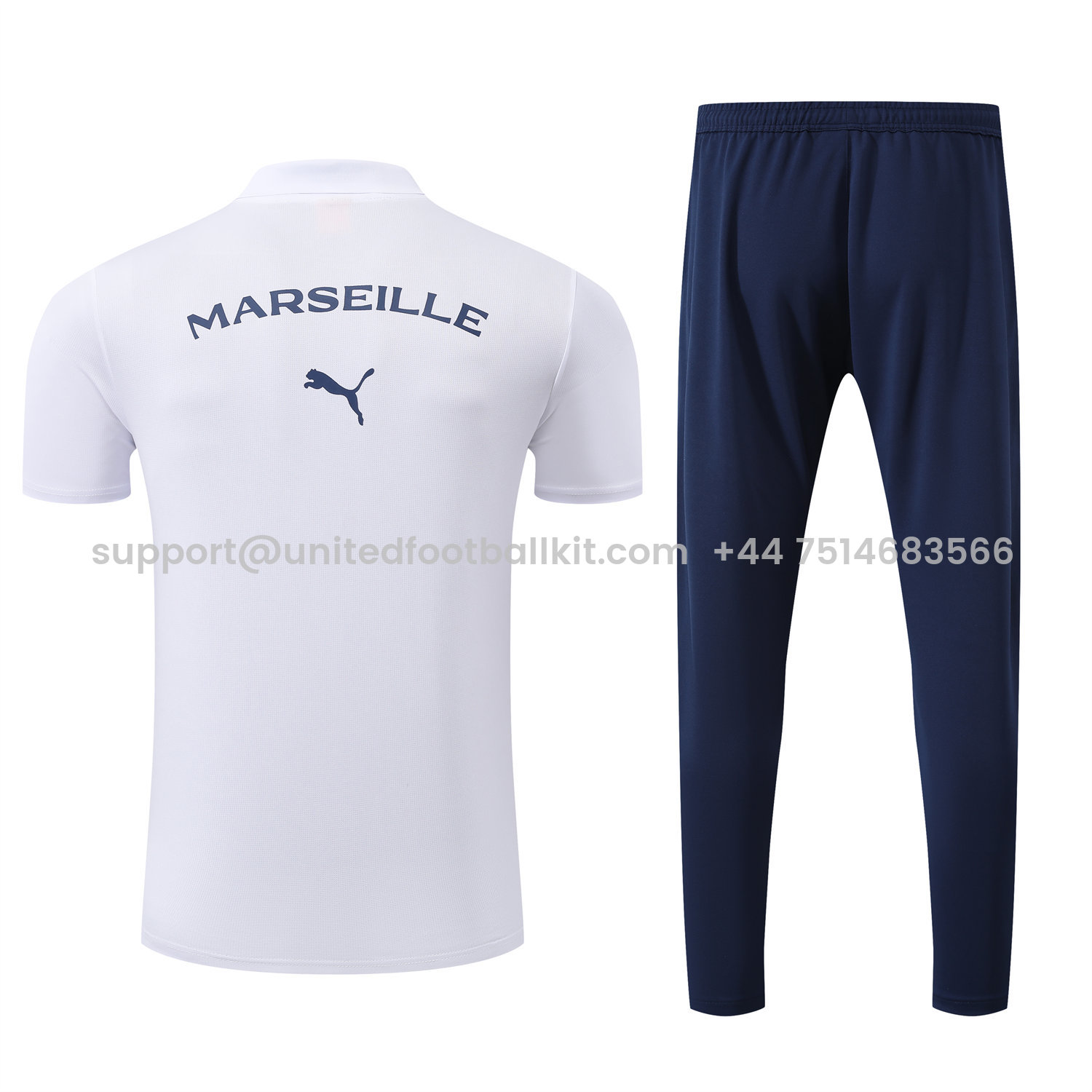 Unitedfootballkit.com | Marseille 25-26 POLO Short-Sleeve Training Set - White Top and Deep Blue Pants -Customize Name, Number and Patch | Worldwide Shipping