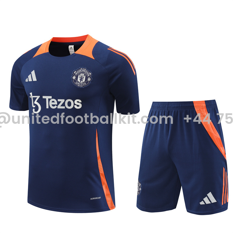 Unitedfootballkit.com | Manchester United 24-25 Short-Sleeve Training Kids Kit - Deep Blue -Customize Name, Number and Patch | Worldwide Shipping