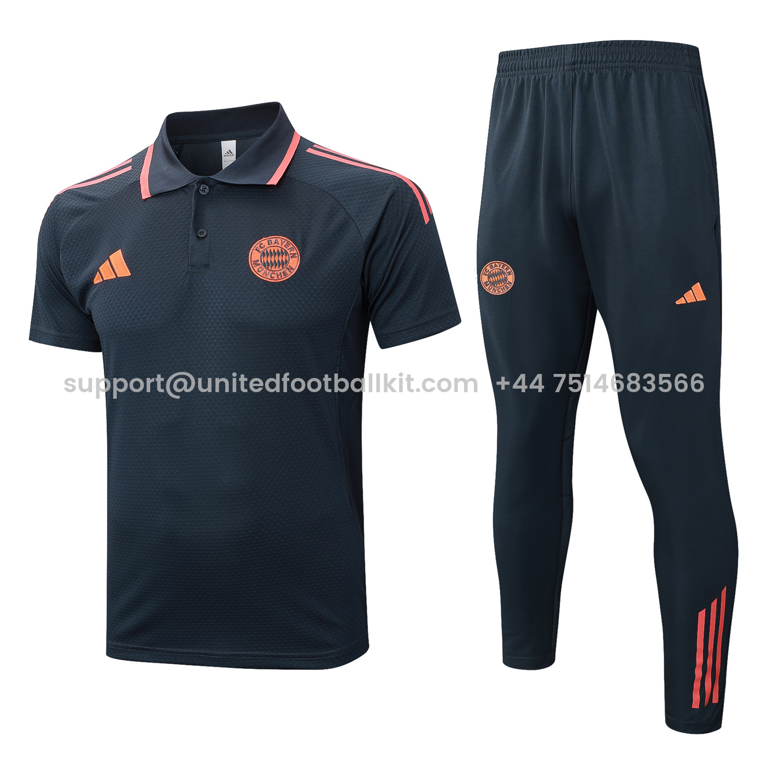 Unitedfootballkit.com | Bayern Munich 25-26 POLO Short-Sleeve Training Set - Deep Grey Top and Pants with Orange Badge -Customize Name, Number and Patch | Worldwide Shipping