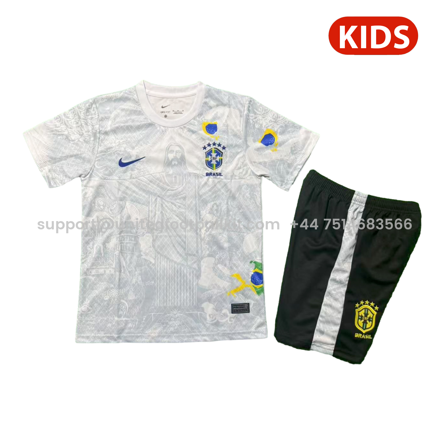 Unitedfootballkit.com | Brazil 25-26 Jesus White Special Kids Kit -Customize Name, Number and Patch | Worldwide Shipping