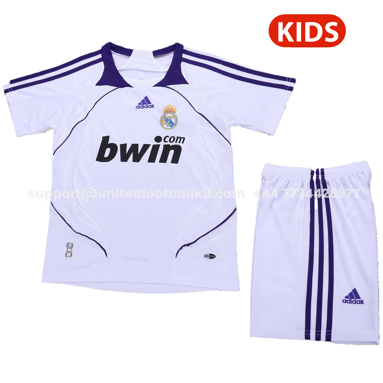 Unitedfootballkit.com | Retro Real Madrid 2007-08 Home Kids Kit -Customize Name, Number and Patch | Worldwide Shipping