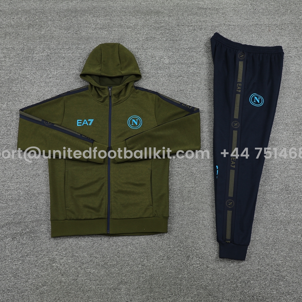 Unitedfootballkit.com | Napoli 24-25 Hooded Jacket Training Tracksuit - Army Green Top and Deep Blue Pants -Customize Name, Number and Patch | Worldwide Shipping