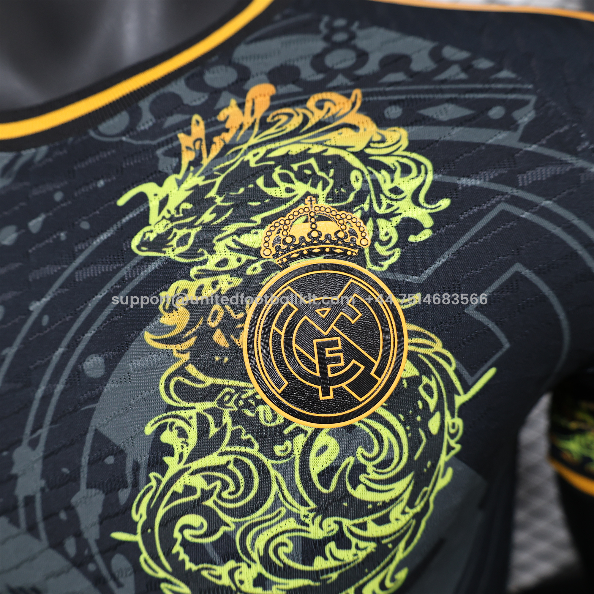Unitedfootballkit.com | Real Madrid 24-25 Yellow Loong Black Special Edition Jersey - Player Version -Customize Name, Number and Patch | Worldwide Shipping