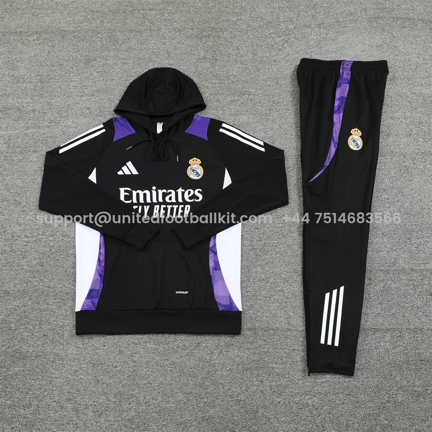 Unitedfootballkit.com | Real Madrid 24-25 Training Hoodie Set - Black Hoodie and Black Pants -Customize Name, Number and Patch | Worldwide Shipping