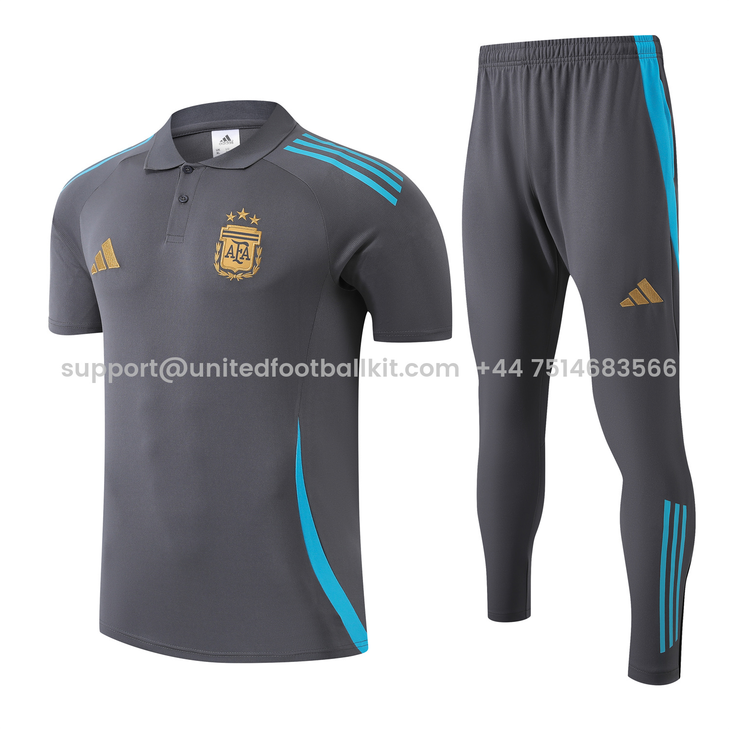 Unitedfootballkit.com | Argentina 25-26 POLO Short-Sleeve Training Set - Grey Top and Pants with Blue Stripes -Customize Name, Number and Patch | Worldwide Shipping