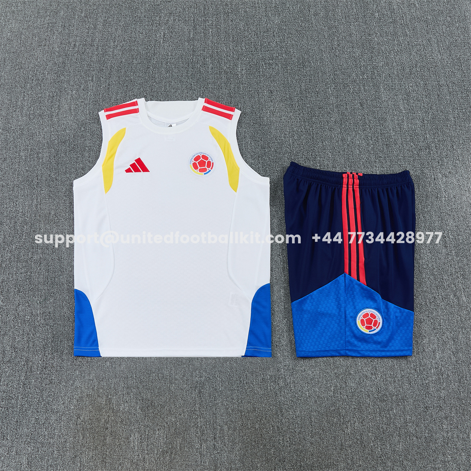 Unitedfootballkit.com | Colombia 2026 Vest Training Set - White Vest and Blue Shorts -Customize Name, Number and Patch | Worldwide Shipping