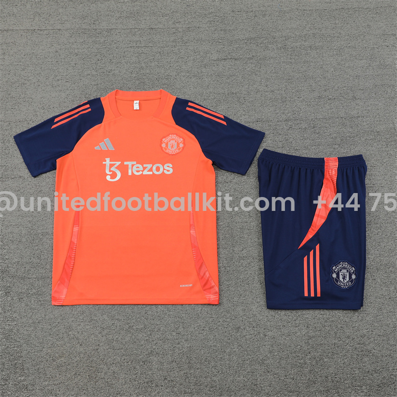 Unitedfootballkit.com | Manchester United 24-25 Short-Sleeve Training Kids Kit - Orange -Customize Name, Number and Patch | Worldwide Shipping