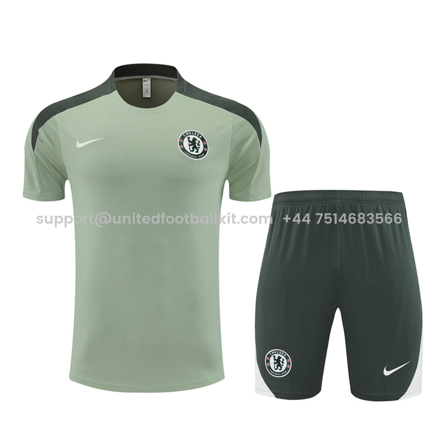 Unitedfootballkit.com | C.H.E.L.S.E.A 25-26 Short-Sleeve Training Set - Light Green Top & Army Green Shorts -Customize Name, Number and Patch | Worldwide Shipping