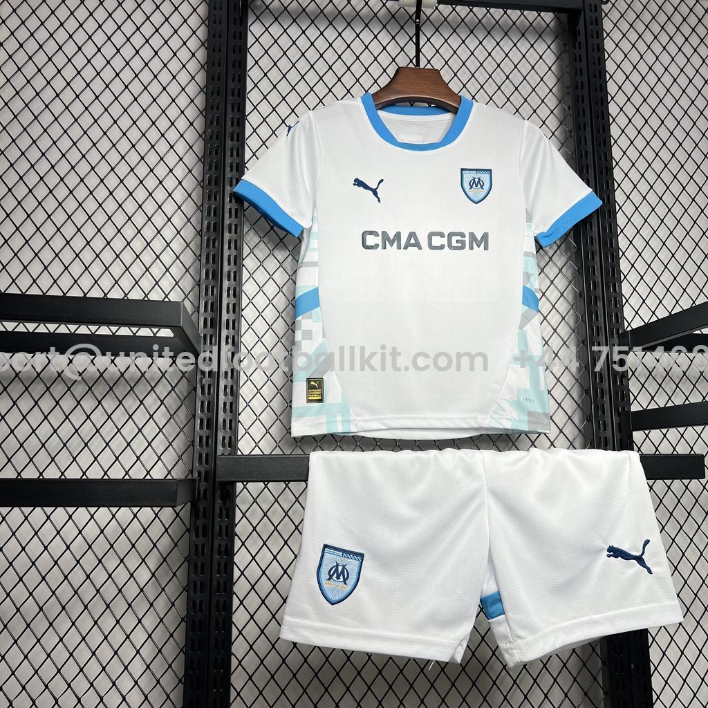 Unitedfootballkit.com | Marseille 24-25 Home Stadium Kids Kit -Customize Name, Number and Patch | Worldwide Shipping