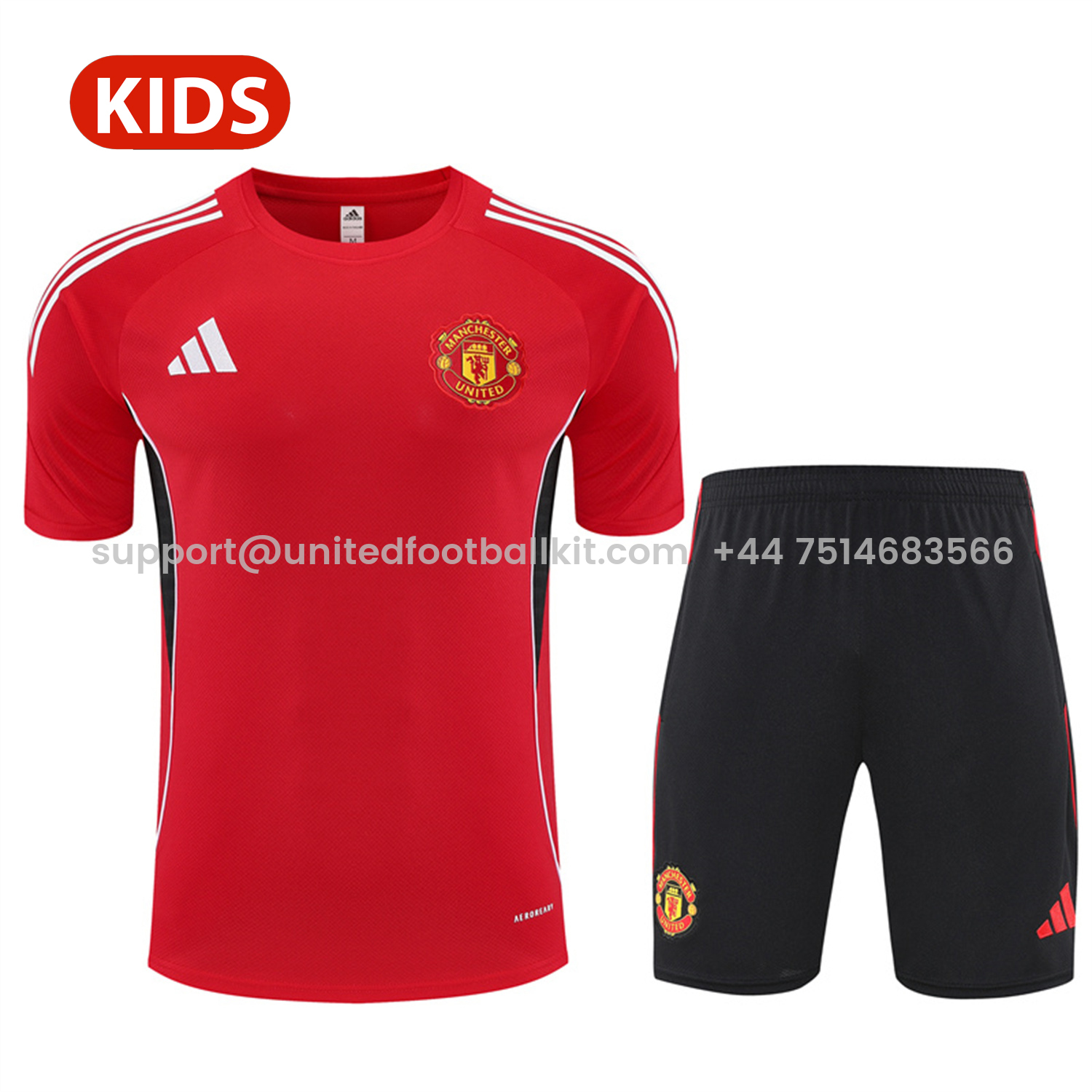 Unitedfootballkit.com | Manchester United 25-26 Kid Short-Sleeve Training Set - Red Top & Black Shorts -Customize Name, Number and Patch | Worldwide Shipping