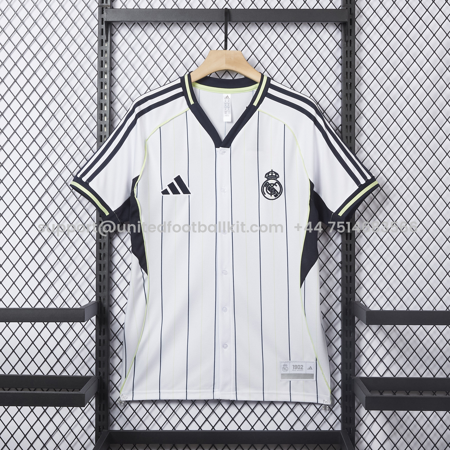 Unitedfootballkit.com | Real Madrid 25-26 White Baseball Jersey with Black Stripes -Customize Name, Number and Patch | Worldwide Shipping