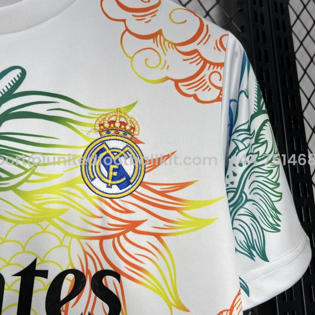 Unitedfootballkit.com | Real Madrid 24-25 White Colorful Dragon Speical Jersey - Fans Version -Customize Name, Number and Patch | Worldwide Shipping