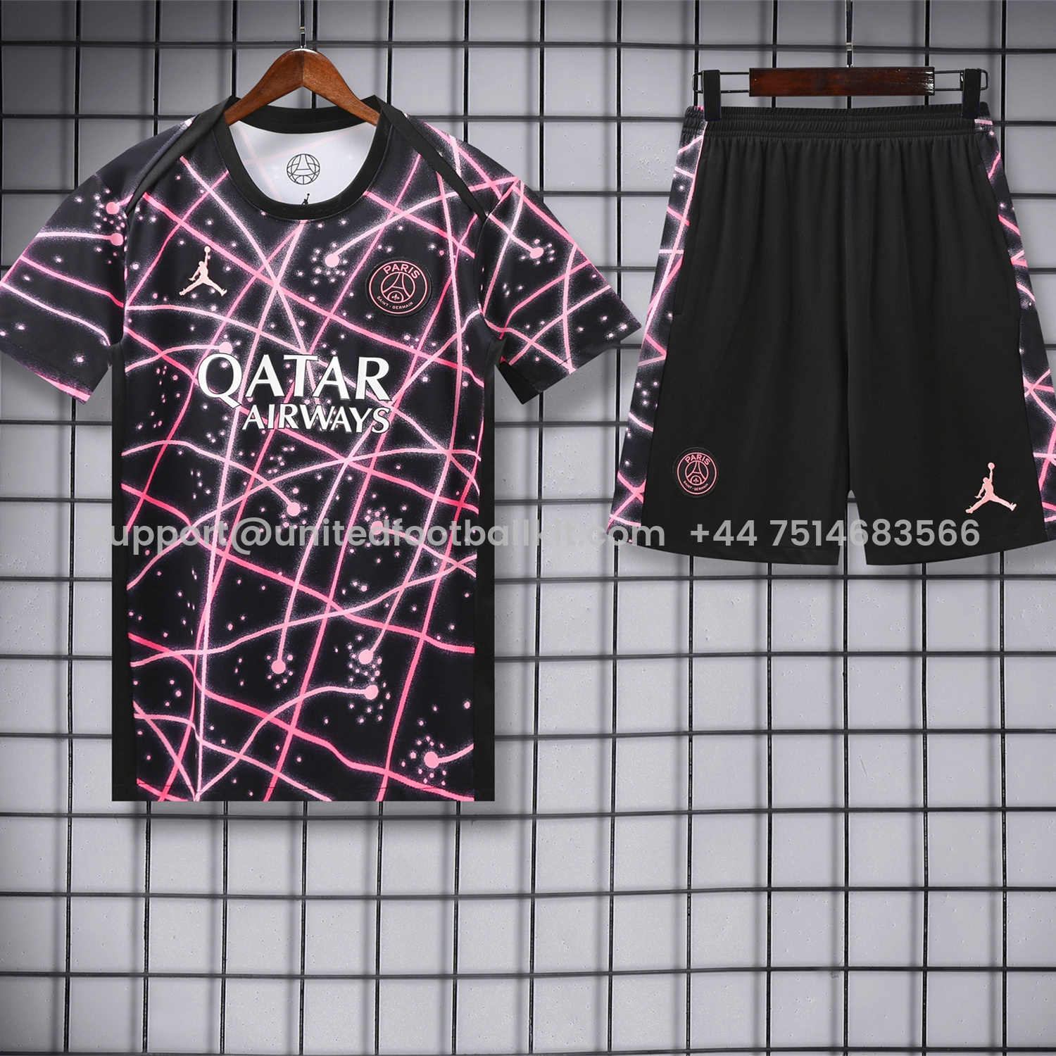 Unitedfootballkit.com | Paris Saint-Germain PSG 25-26 Short-Sleeve Training Set - Pink Fluorescent Rays Black Top & Black Shorts -Customize Name, Number and Patch | Worldwide Shipping