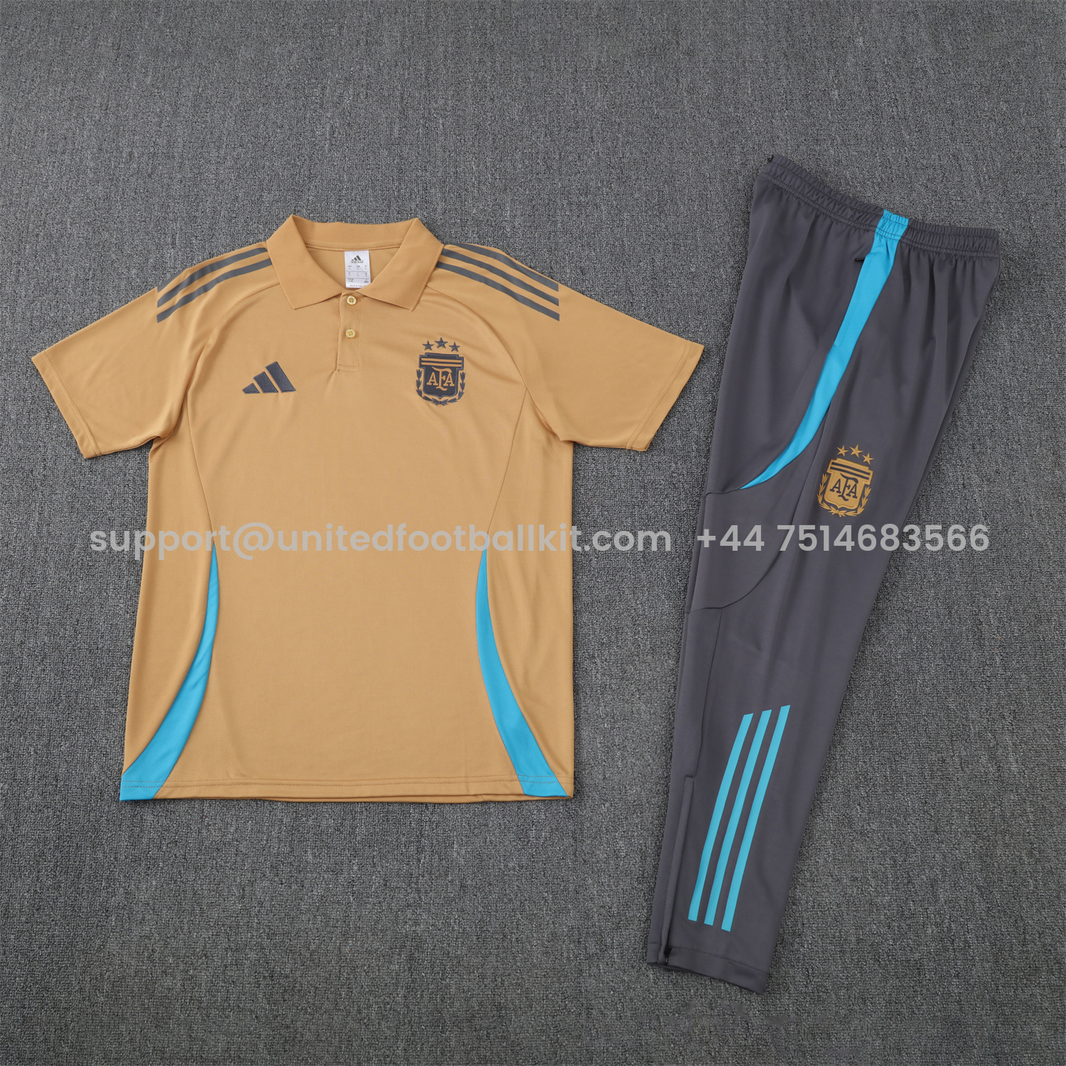 Unitedfootballkit.com | Argentina 25-26 POLO Short-Sleeve Training Set - Light Brown Top and Grey Pants -Customize Name, Number and Patch | Worldwide Shipping
