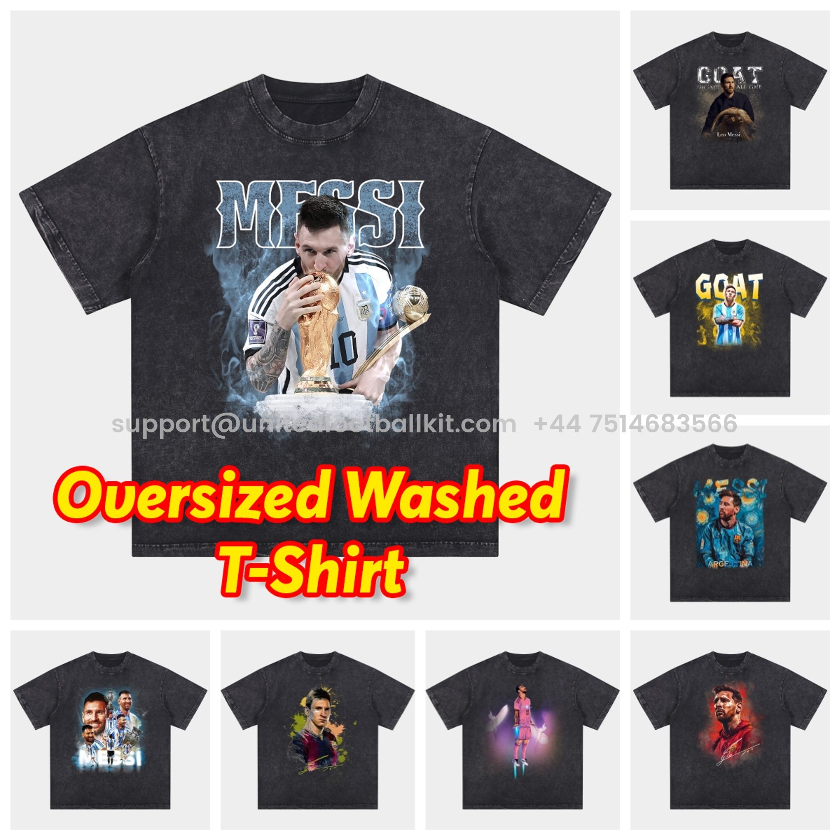 Unitedfootballkit.com | Messi GOAT Argentina Barcelona INT M.A.M Oversized Washed T-Shirt -Customize Name, Number and Patch | Worldwide Shipping