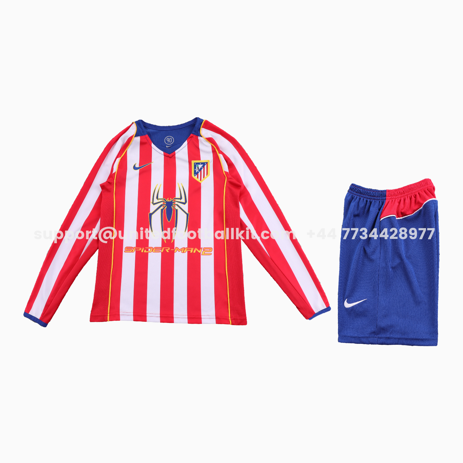 Unitedfootballkit.com | Retro Atletico Madrid 2004-05 Home S.p.i.d.e.r M.a.n Special Long Sleeves Kids Kit -Customize Name, Number and Patch | Worldwide Shipping