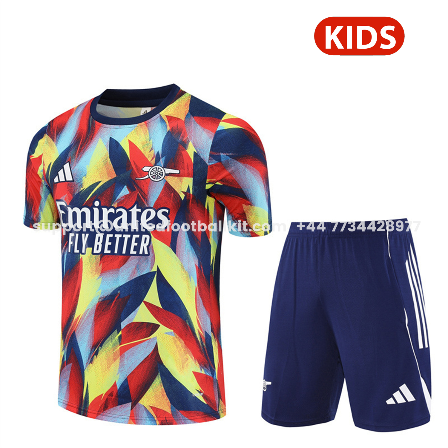 Unitedfootballkit.com | Arsenal 25-26 Kids Short-Sleeve Training Set - Colorful Camouflage Top & Blue Shorts -Customize Name, Number and Patch | Worldwide Shipping