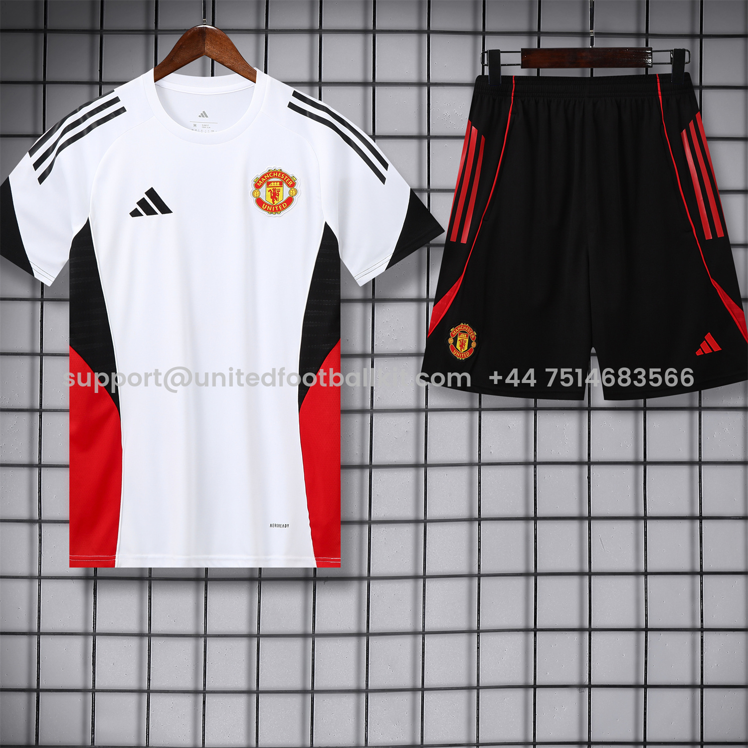 Unitedfootballkit.com | Manchester United 25-26 Short-Sleeve Training Set - Red Black Blocks White Top & Black Shorts -Customize Name, Number and Patch | Worldwide Shipping