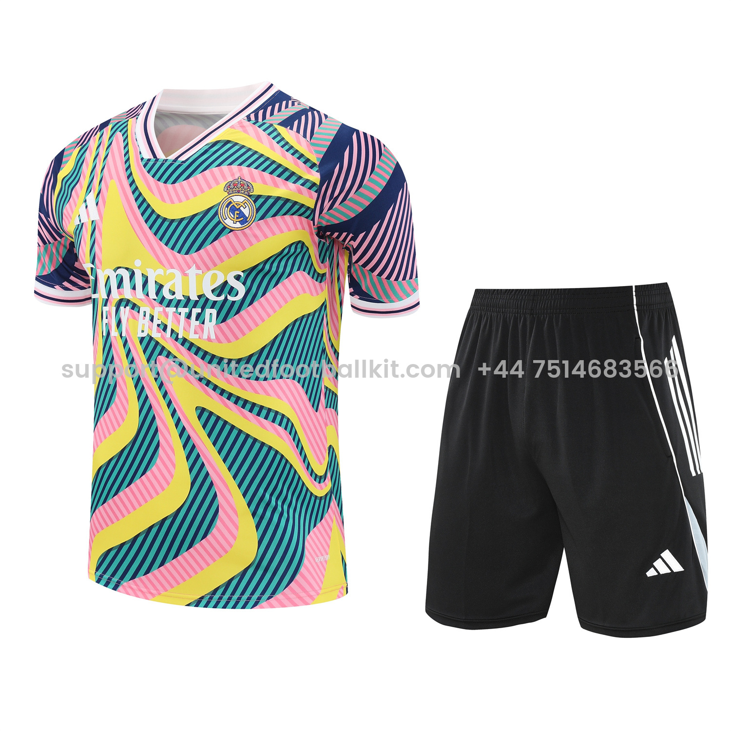 Unitedfootballkit.com | Real Madrid 25-26 Short-Sleeve Training Set - Colorful Curve Pattern Top & Black Shorts -Customize Name, Number and Patch | Worldwide Shipping