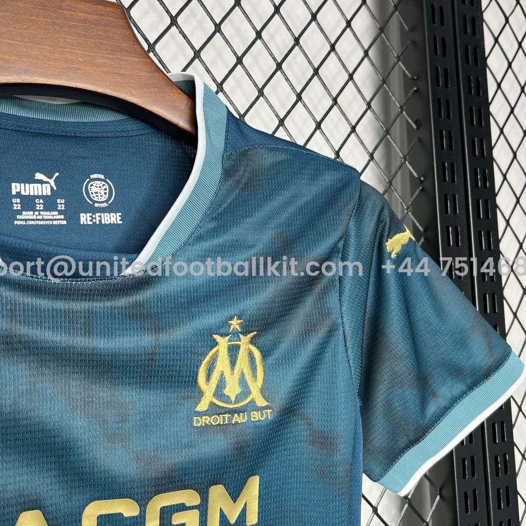 Unitedfootballkit.com | Marseille 24-25 Away Kids Kit -Customize Name, Number and Patch | Worldwide Shipping