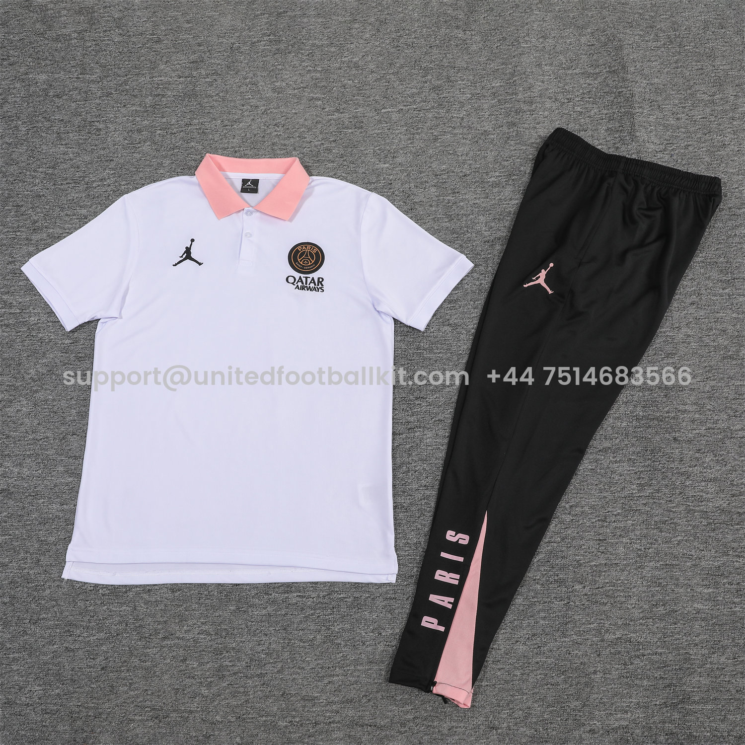 Unitedfootballkit.com | Paris Saint-Germain PSG 25-26 POLO Short-Sleeve Training Set - White Top and Black Pants -Customize Name, Number and Patch | Worldwide Shipping