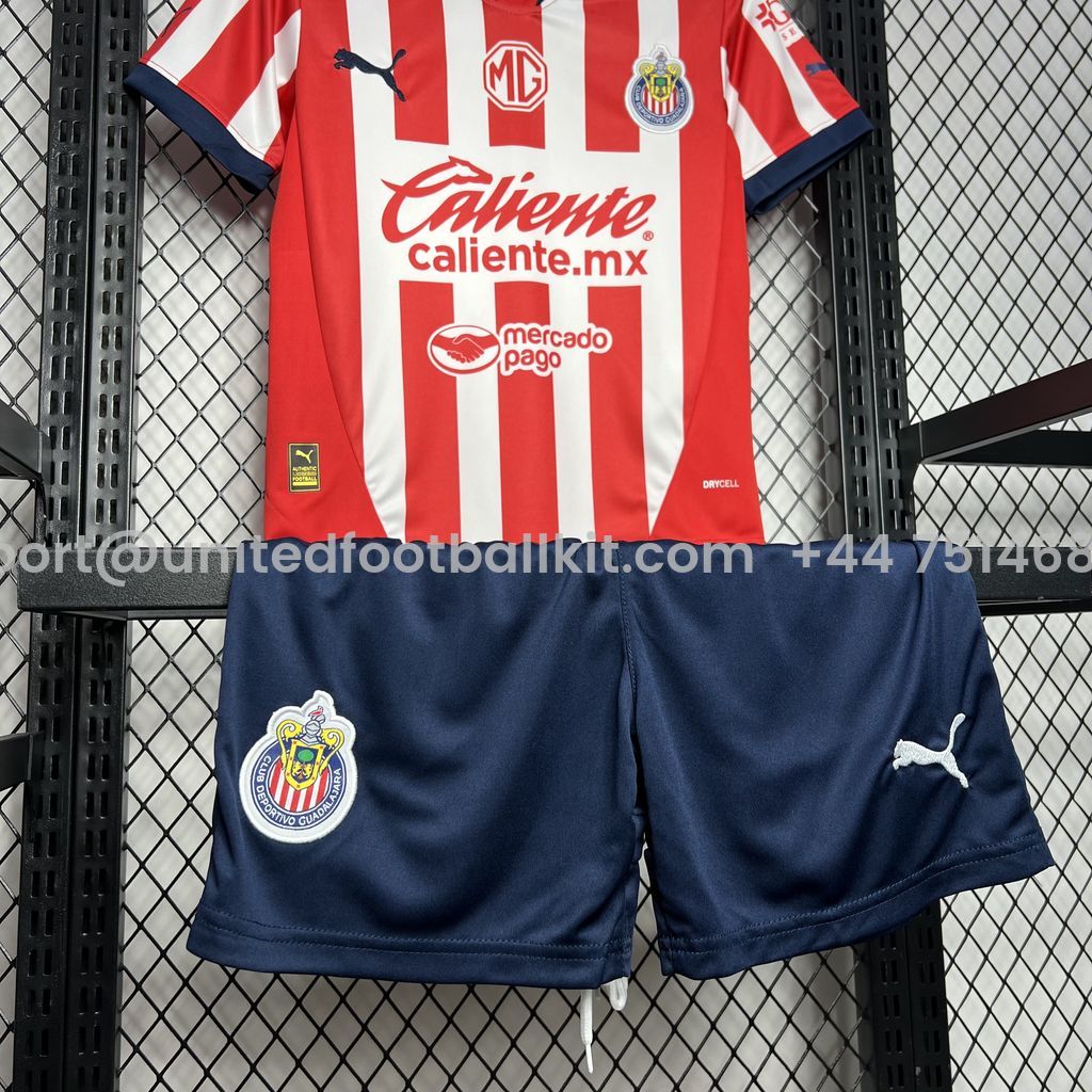 Unitedfootballkit.com | Chivas de Guadalajara 24-25 Home Stadium Kids Kit -Customize Name, Number and Patch | Worldwide Shipping